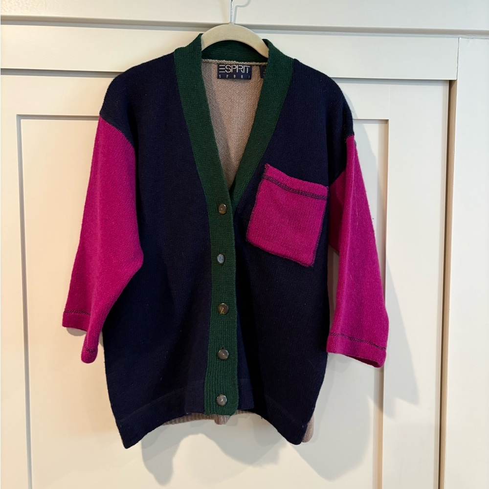 Vintage 90s Esprit Women's Vibrant Cardigan - Navy, Pink, Green